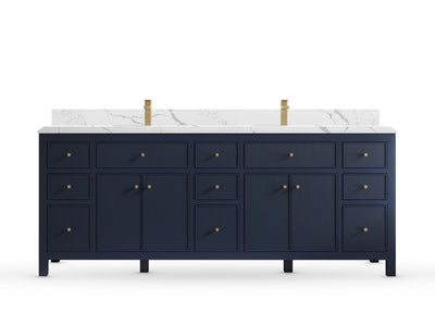 Sonoma84 Hale Navy Blue vanity with DC Calacatta Laza Quartz, Double Cove, front view