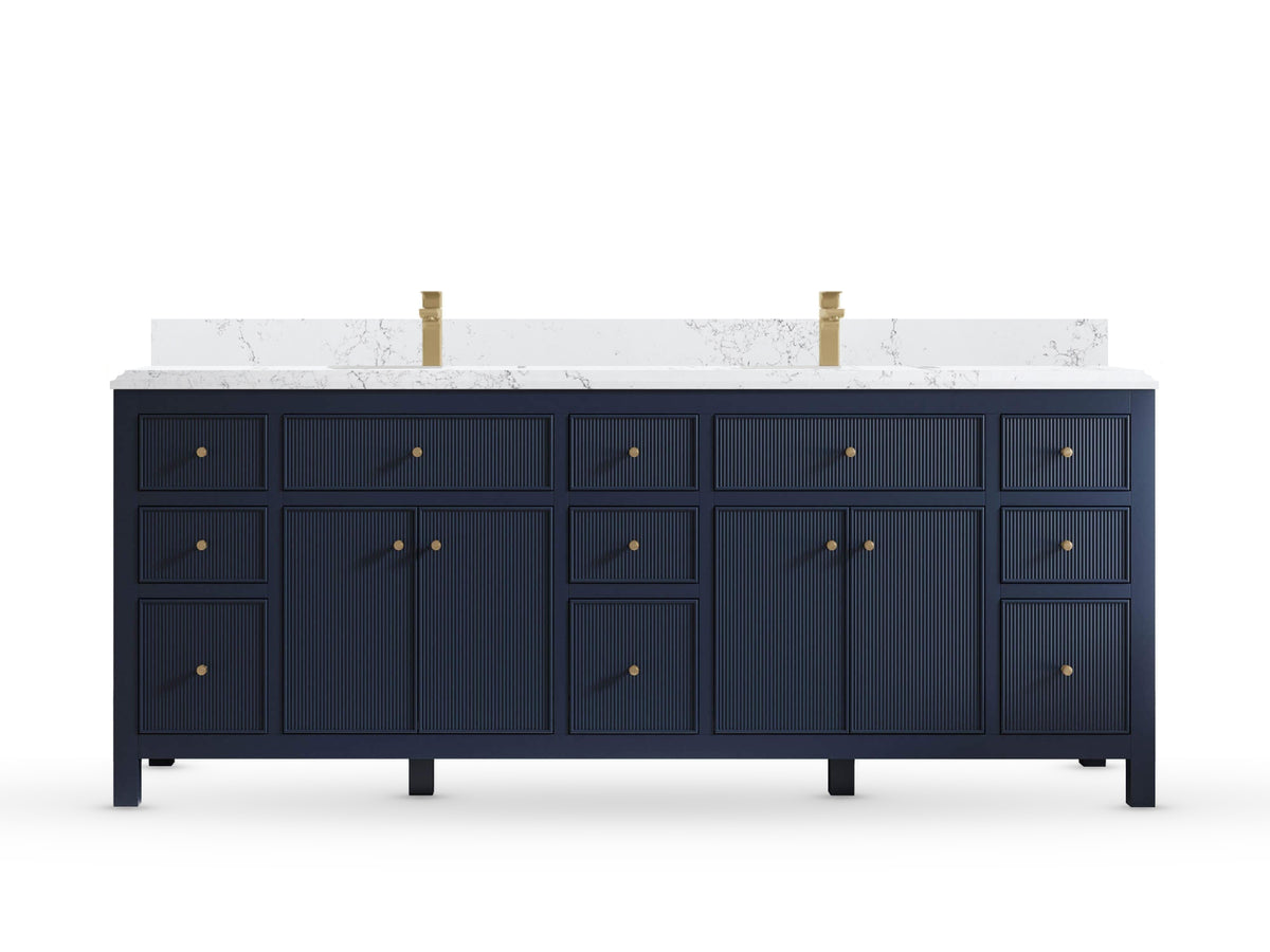 Sonoma84 Hale Navy Blue vanity with DC Empira Quartz, Double Cove, front view