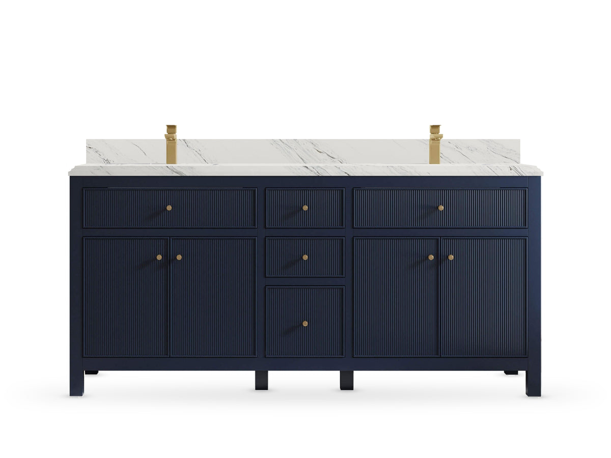 Sonoma 72 inch Hale Navy Blue double vanity with Double Cove Palissandro Quartz countertop, front view