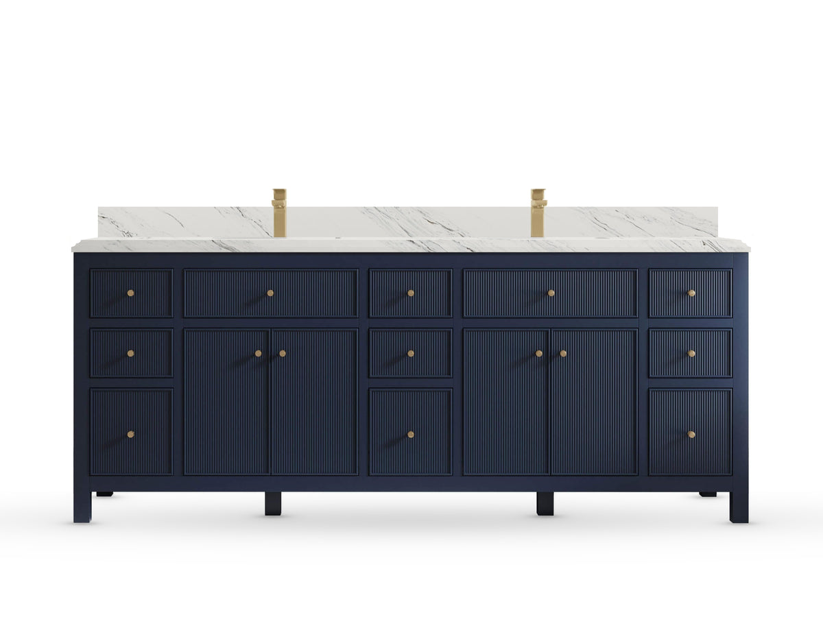 Sonoma84 Hale Navy Blue vanity with DC Palissandro Quartz, Double Cove, front view