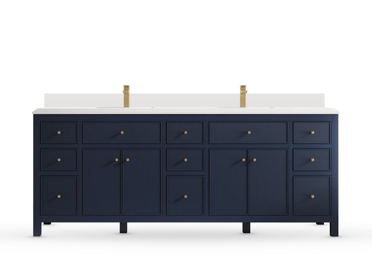 Sonoma84 Hale Navy Blue vanity with DC White Quartz, Double Cove, front view