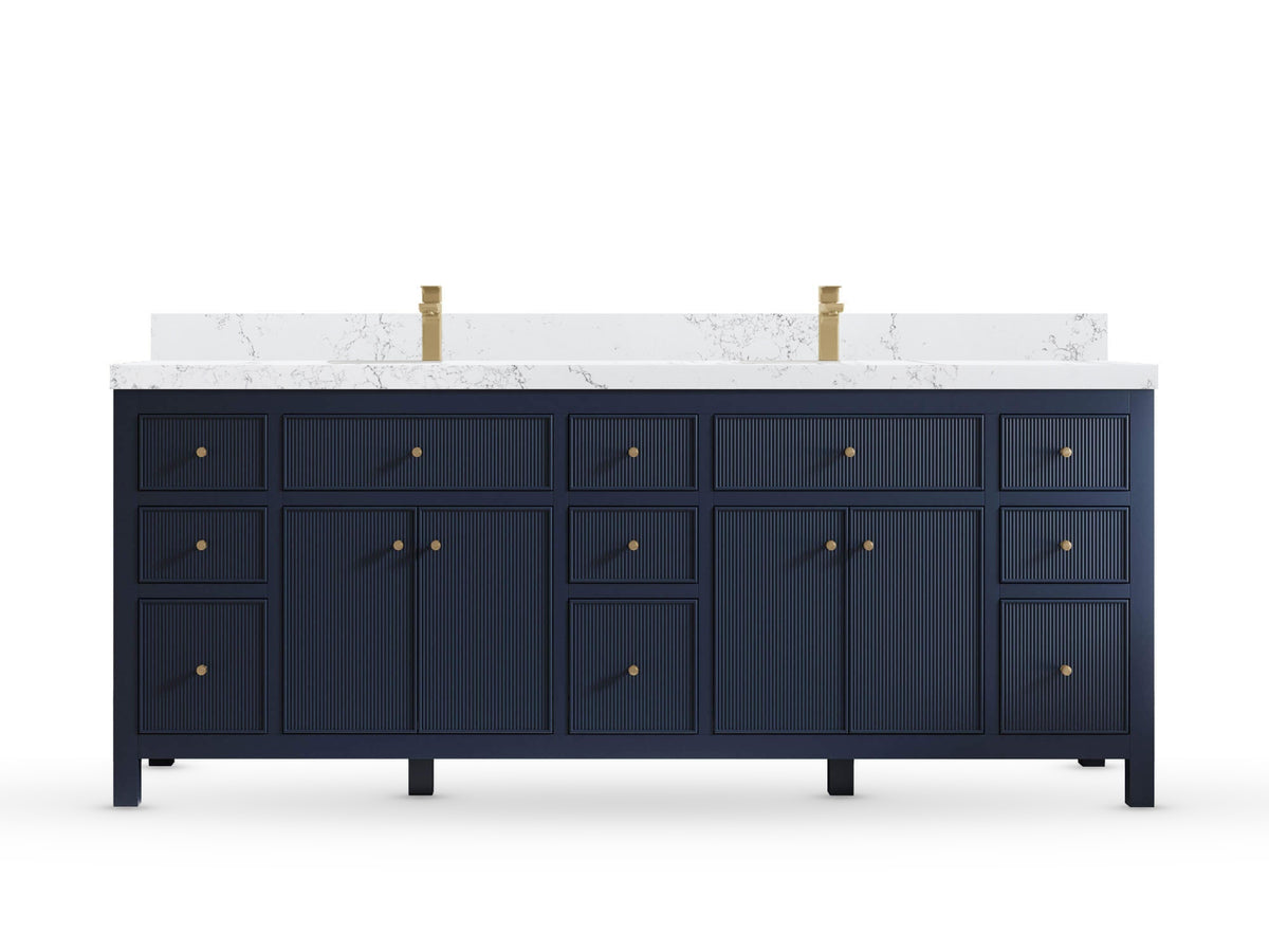 Sonoma84 Hale Navy Blue vanity with Empira White Quartz, Straight / Mitered, front view