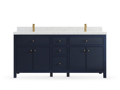 Sonoma 72 inch Hale Navy Blue double vanity with Frosty Carrara Quartz countertop, front view