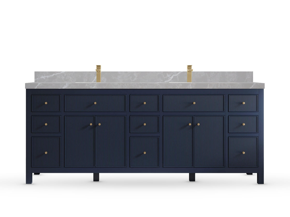 Sonoma84 Hale Navy Blue vanity with Pearl Light Gray Quartz, Straight / Mitered, front view