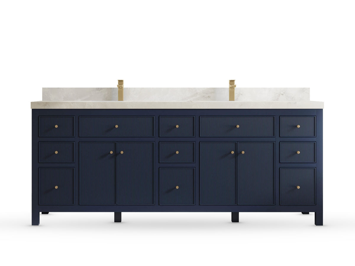 Sonoma84 Hale Navy Blue vanity with Onyx Quartz, Straight / Mitered, front view