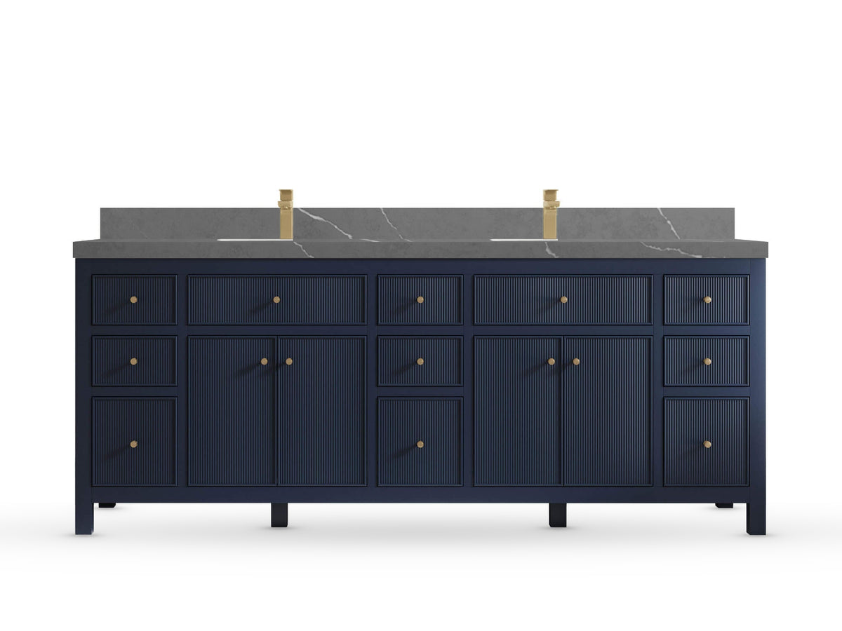Sonoma84 Hale Navy Blue vanity with Piatra Gray Quartz, Straight / Mitered, front view