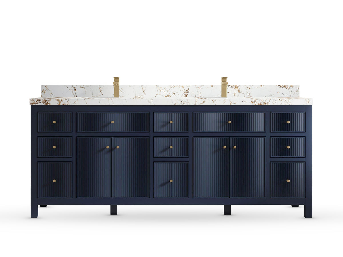 Sonoma84 Hale Navy Blue vanity with Viola Gold Quartz, Straight / Mitered, front view