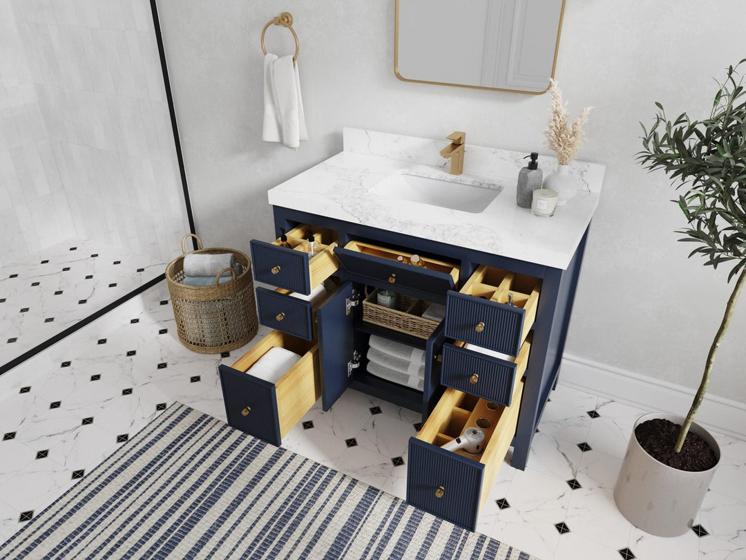 Sonoma 42 in. W x 22 in. D Single Sink Bathroom Vanity in Hale Navy Blue with countertop - Side View Open Drawer