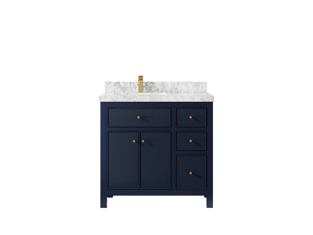 Sonoma 36 in. W x 22 in. D Left Offset Sink Bathroom Vanity in Hale Navy Blue with 2 in. Carrara Marble Countertop