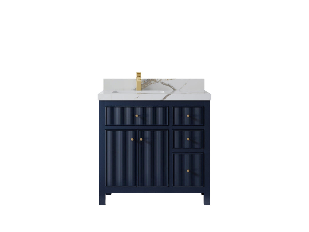 Sonoma 36 in. W x 22 in. D Left Offset Sink Bathroom Vanity in Hale Navy Blue with 2 in. Calacatta Gold Quartz Countertop