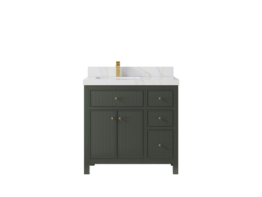 Sonoma 36 in. W x 22 in. D Left Offset Sink Bathroom Vanity in Pewter Green with 2 in. Calacatta Sienna Quartz Countertop