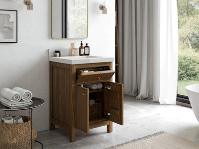 Sonoma Teak Wood 24-inch bathroom vanity in Dark Natural Teak, doors and drawer open to show storage