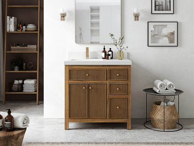 Sonoma Reeded Teak Wood 36 in. W x 22 in. D Left Offset Sink Bathroom Vanity