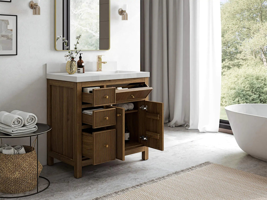 Sonoma Teak Wood 36 in. W x 22 in. D Right Offset Sink Bathroom Vanity
