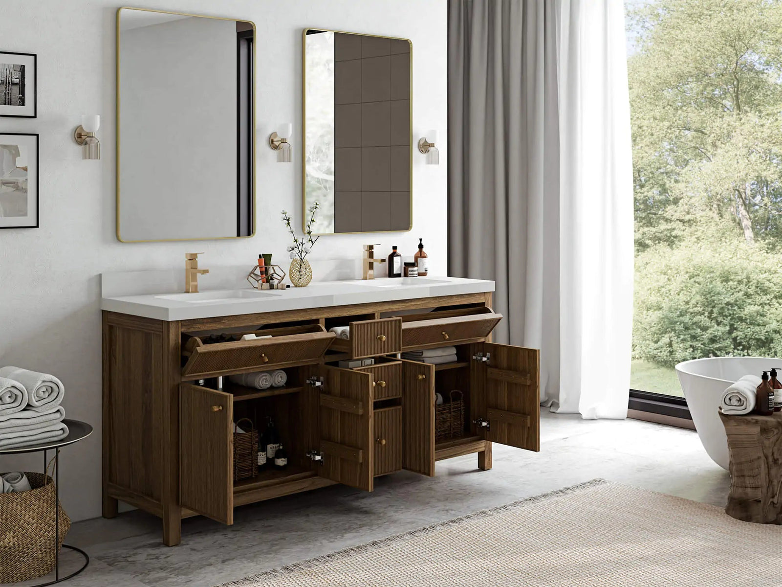 Open Willow teak vanity showing its drawers, doors and interior construction