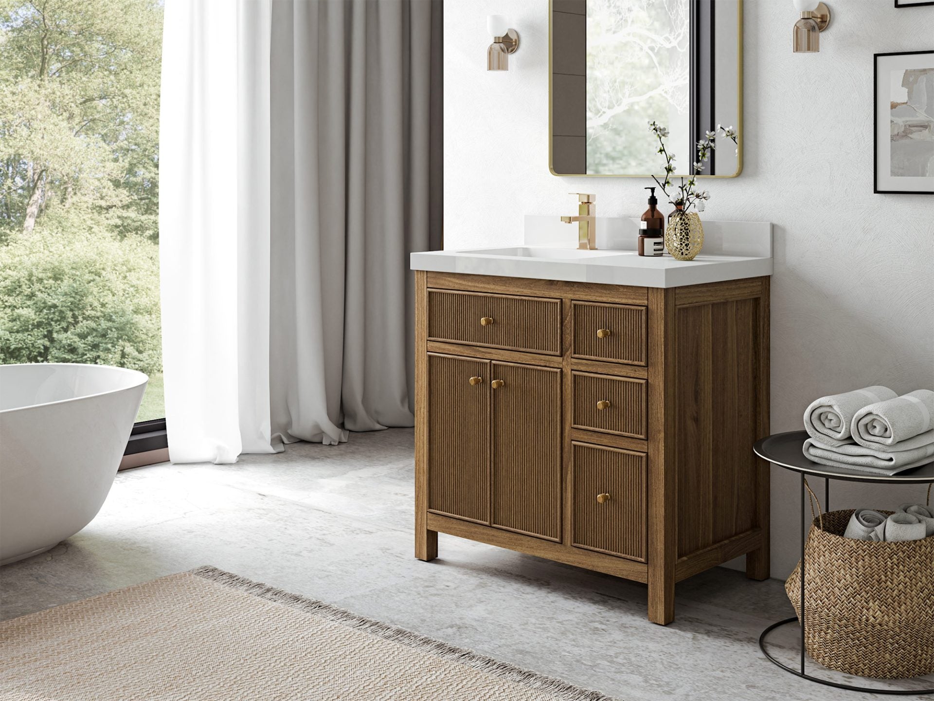 Sonoma Reeded Teak Wood 36 in. W x 22 in. D Left Offset Sink Bathroom Vanity