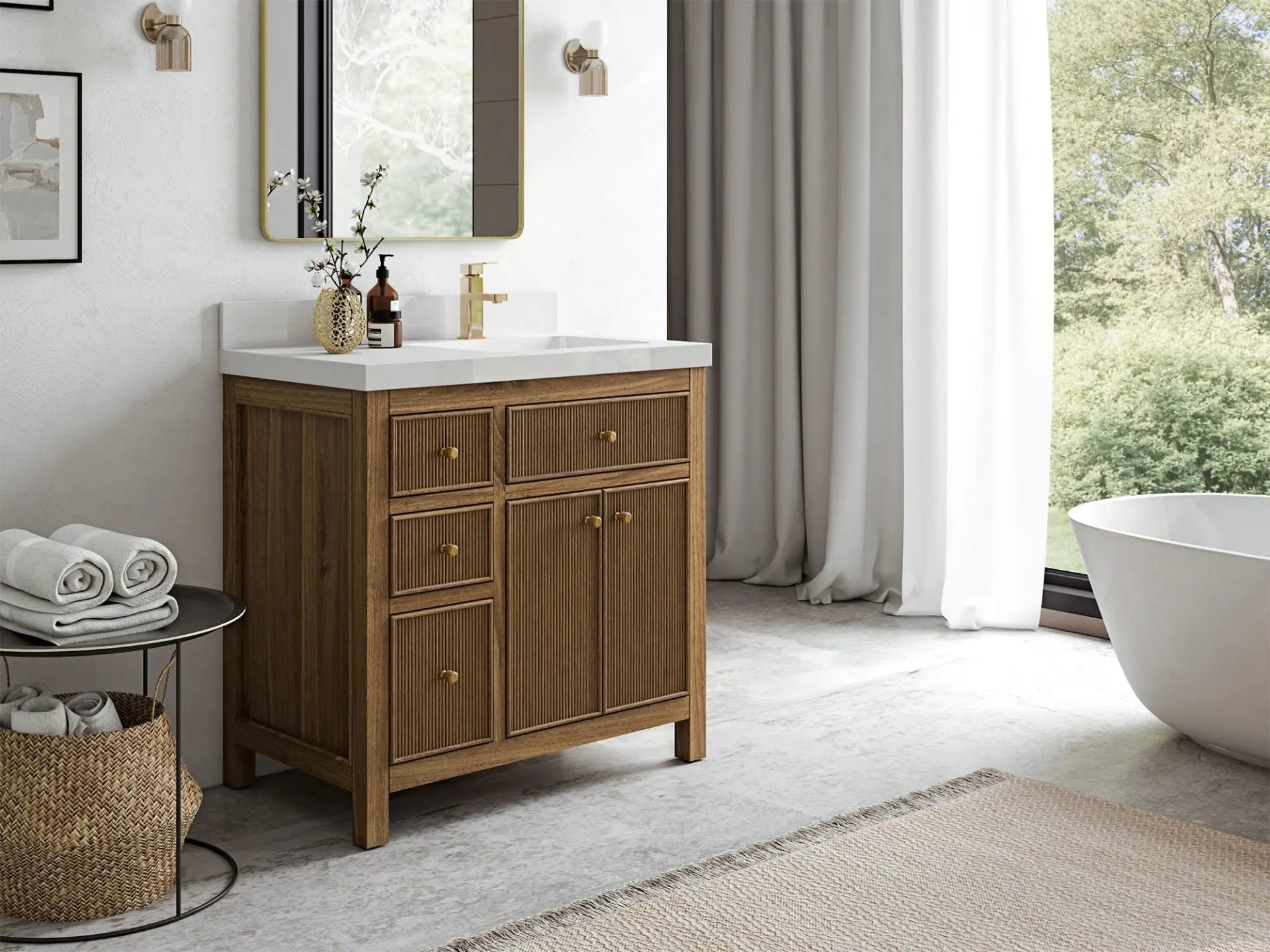 Sonoma Reeded Teak Wood 36 in. W x 22 in. D Right Offset Sink Bathroom Vanity