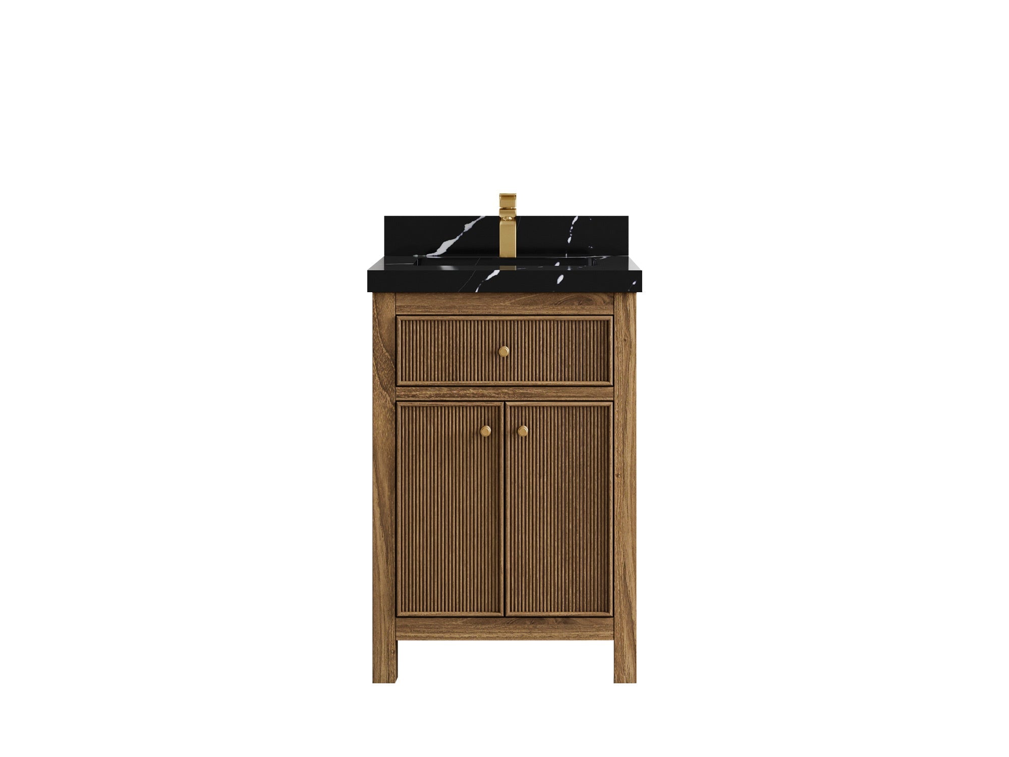 Sonoma Teak Wood 24-inch bathroom vanity in Dark Natural Teak with Calacatta Black Quartz countertop, faucet view