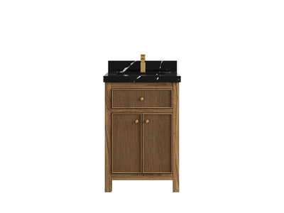 Sonoma Teak Wood 24-inch bathroom vanity in Dark Natural Teak with Calacatta Black Quartz countertop, faucet view