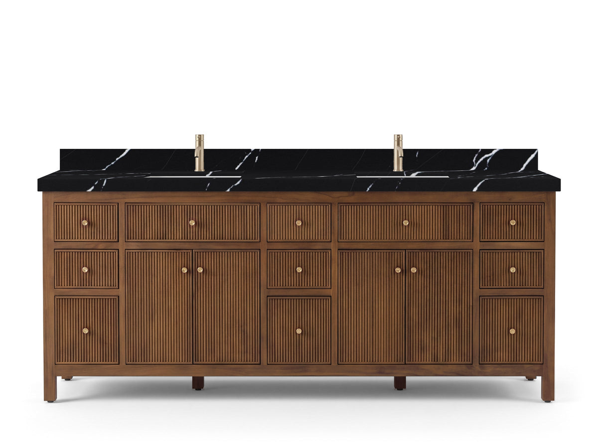 Sonoma 84 inch Dark Natural Teak vanity with Calacatta Black Quartz, Straight / Mitered, front view