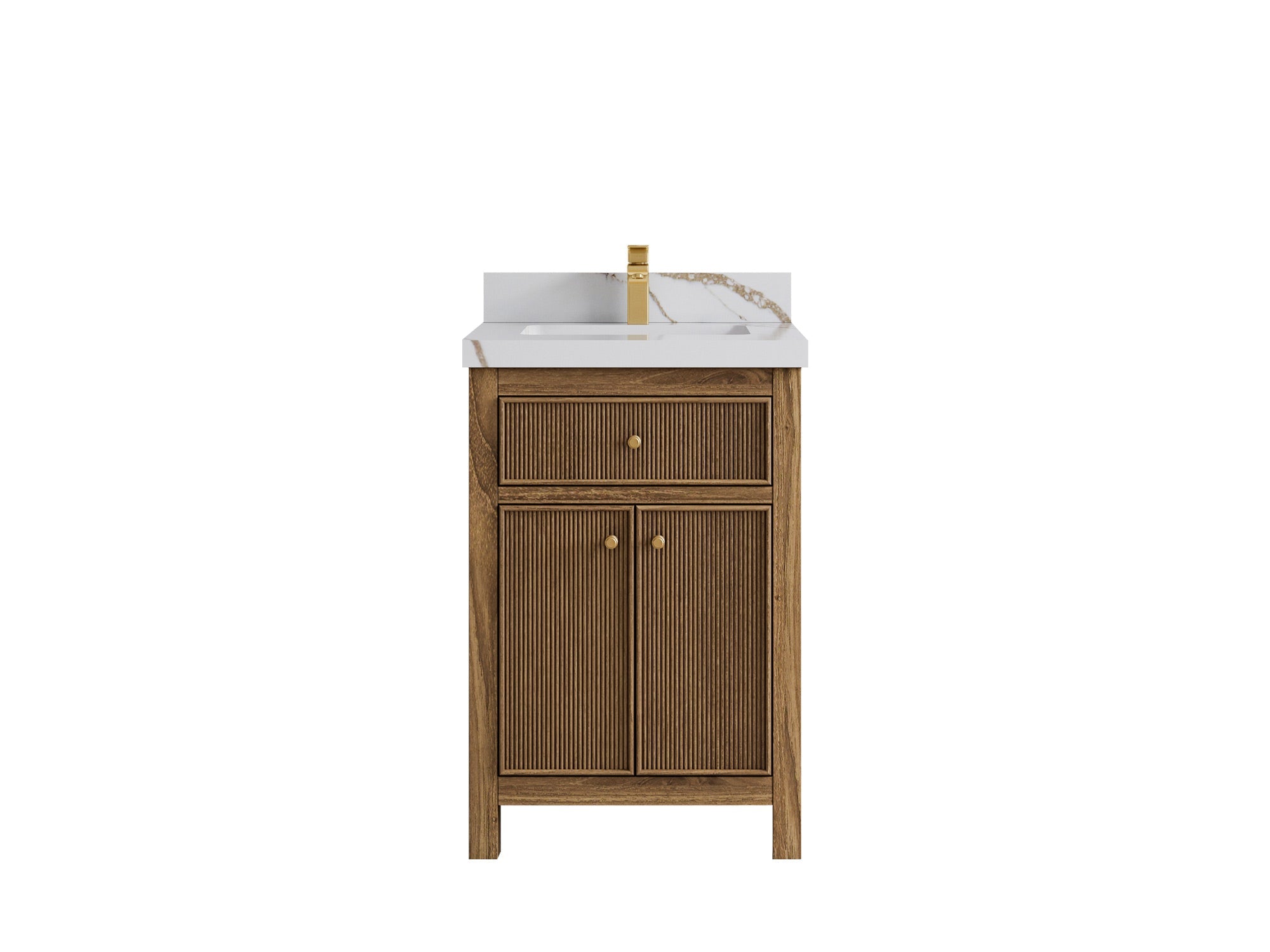 Sonoma Teak Wood 24-inch bathroom vanity in Dark Natural Teak with Calacatta Gold Quartz countertop, faucet view