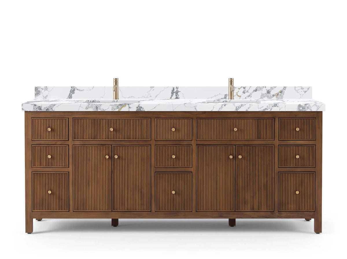 Sonoma 84 inch Dark Natural Teak vanity with Calacatta Poanazzo Quartz, Straight / Mitered, front view