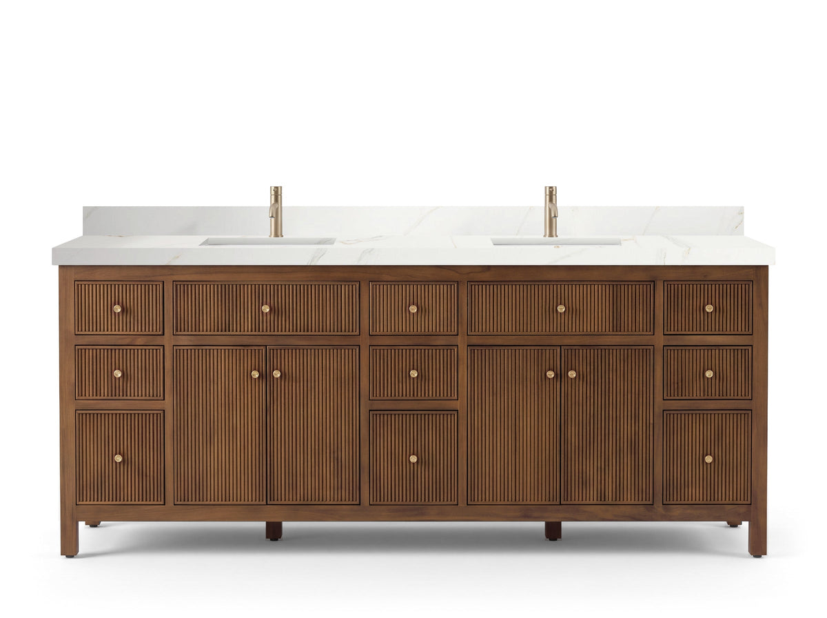 Sonoma 84 inch Dark Natural Teak vanity with Calacatta Sienna Quartz, Straight / Mitered, front view