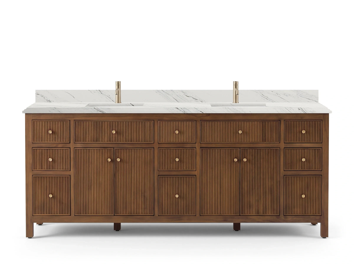 Sonoma 84 inch Dark Natural Teak vanity with Palissandro Quartz Double Cove countertop — front view