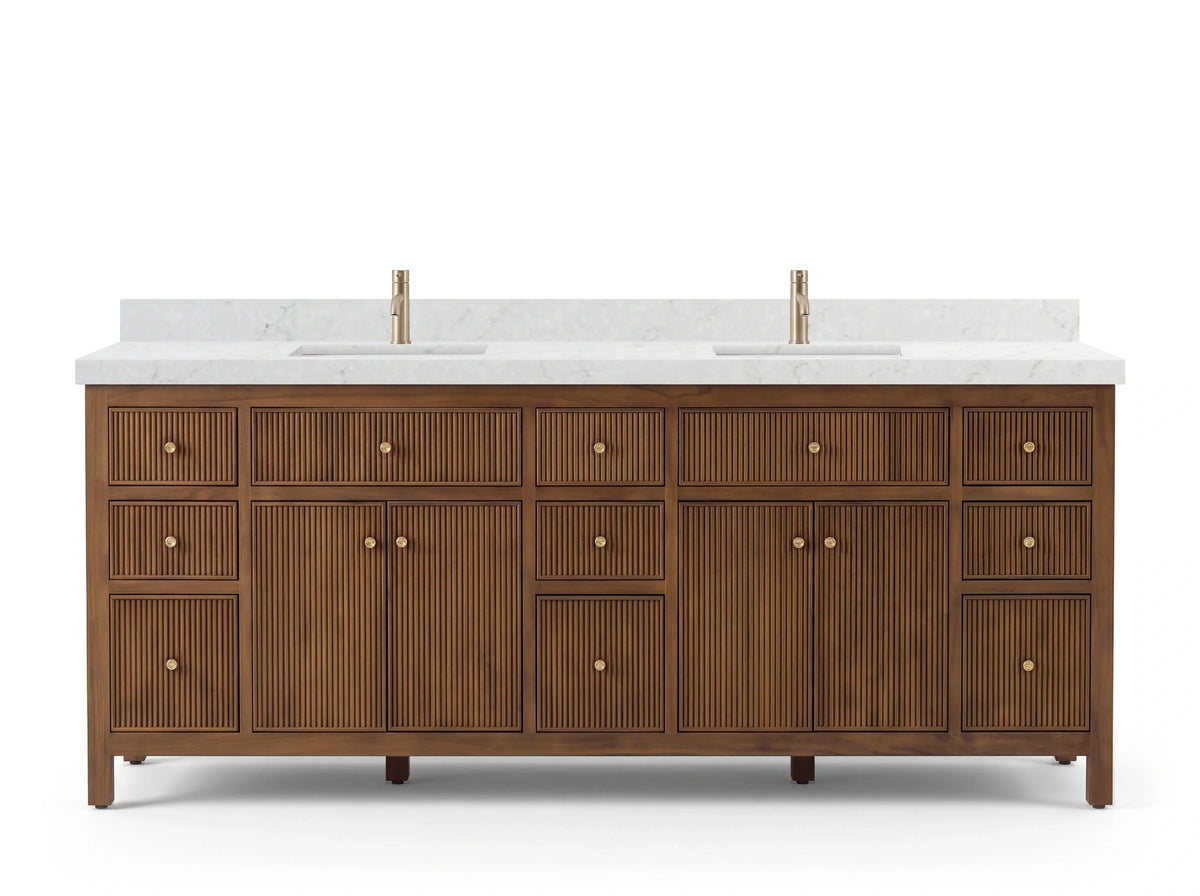 Sonoma 84 inch Dark Natural Teak vanity with Frosty Carrara Quartz, Straight / Mitered, front view