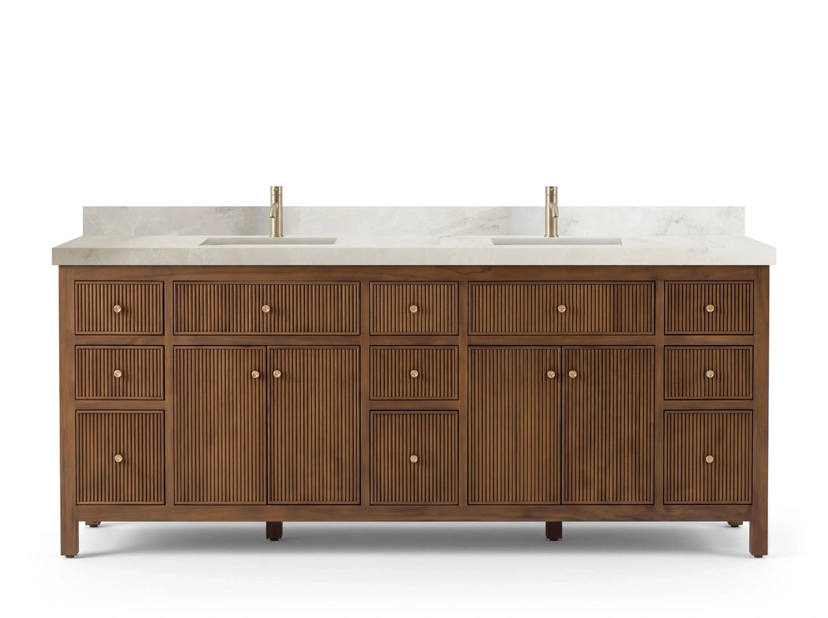 Sonoma 84 inch Dark Natural Teak vanity with Onyx Quartz, Straight / Mitered, front view