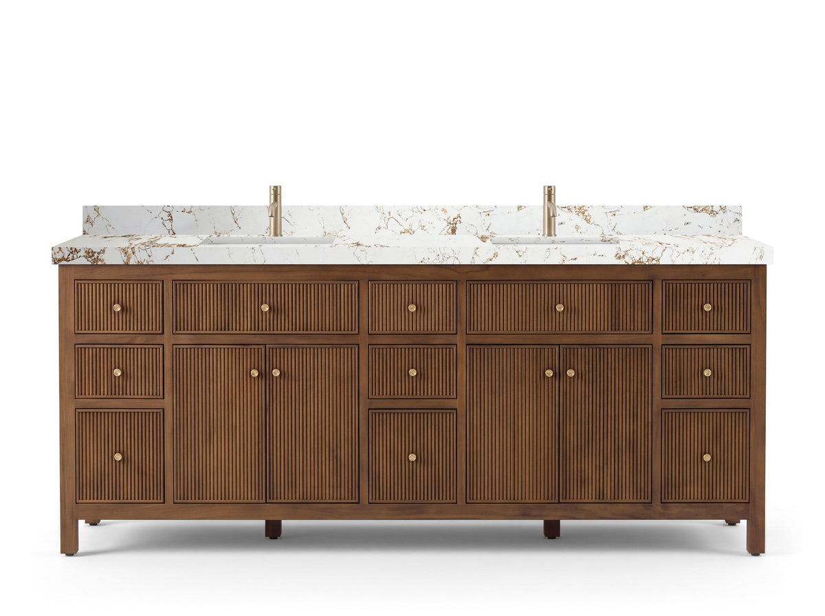 Sonoma 84 inch Dark Natural Teak vanity with Viola Gold Quartz, Straight / Mitered, front view