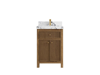 Sonoma Teak Wood 24-inch bathroom vanity in Dark Natural Teak with Viola Night Quartz countertop, faucet view