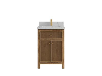 Sonoma Teak Wood 24-inch bathroom vanity in Dark Natural Teak with Venatino Quartz countertop, faucet view