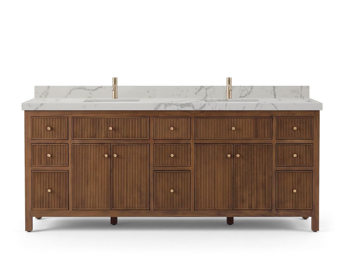 Sonoma 84 inch Dark Natural Teak vanity with Venatino Quartz, Straight / Mitered, front view