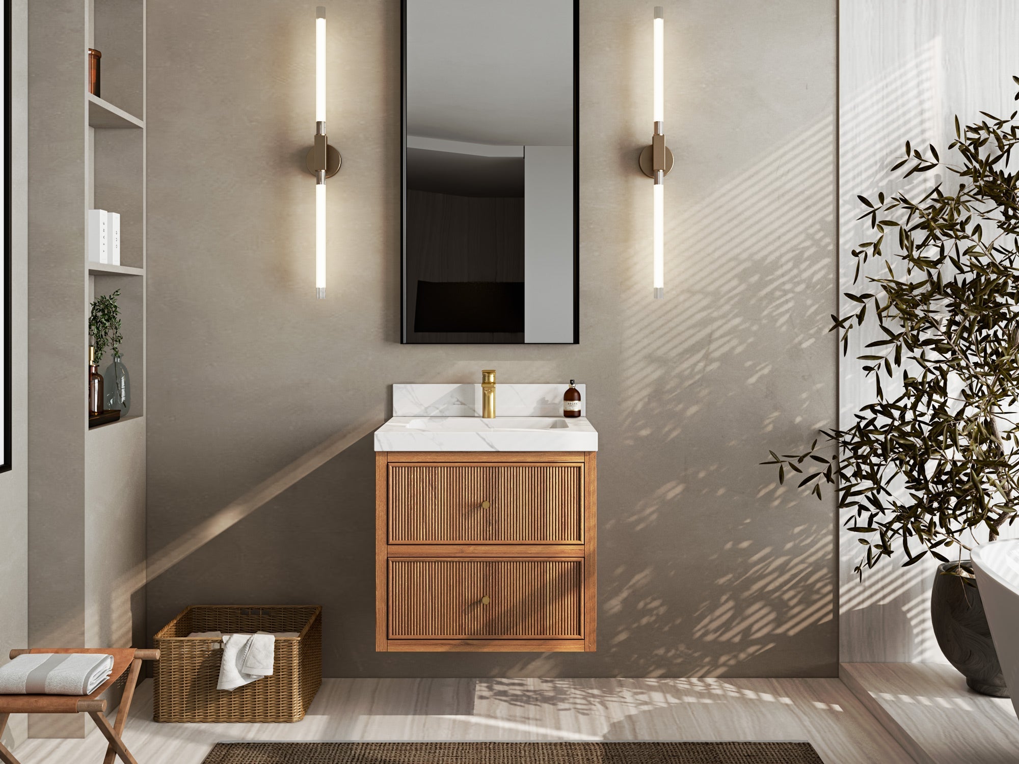 Sonoma Floating Teak 24 in. W x 22 in. D Single Sink Bathroom Vanity in Dark Natural with countertop - Front View