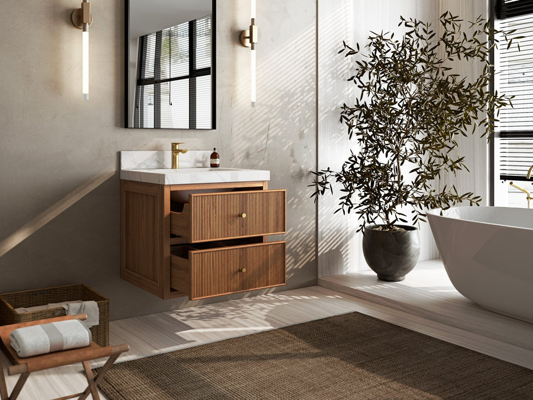 Sonoma Floating Teak 24 in. W x 22 in. D Single Sink Bathroom Vanity in Dark Natural with countertop - Side View Open