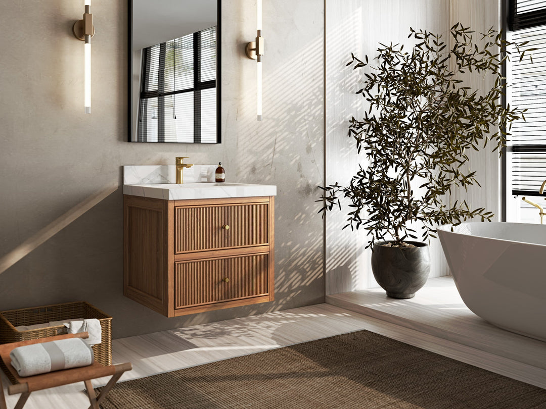 Sonoma Floating Teak 24 in. W x 22 in. D Single Sink Bathroom Vanity in Dark Natural with countertop - Side View
