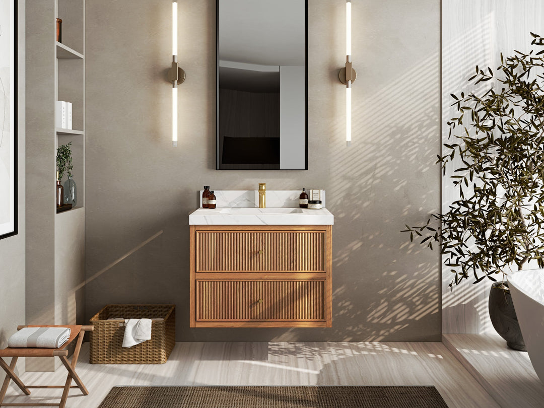 Sonoma Floating Teak 30 in. W x 22 in. D Single Sink Bathroom Vanity in Dark Natural with countertop - Front View