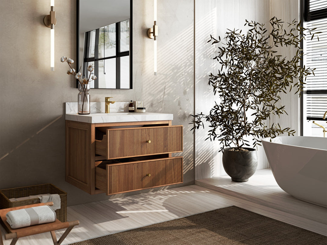 Sonoma Floating Teak 30 in. W x 22 in. D Single Sink Bathroom Vanity in Dark Natural with countertop - Side View Open