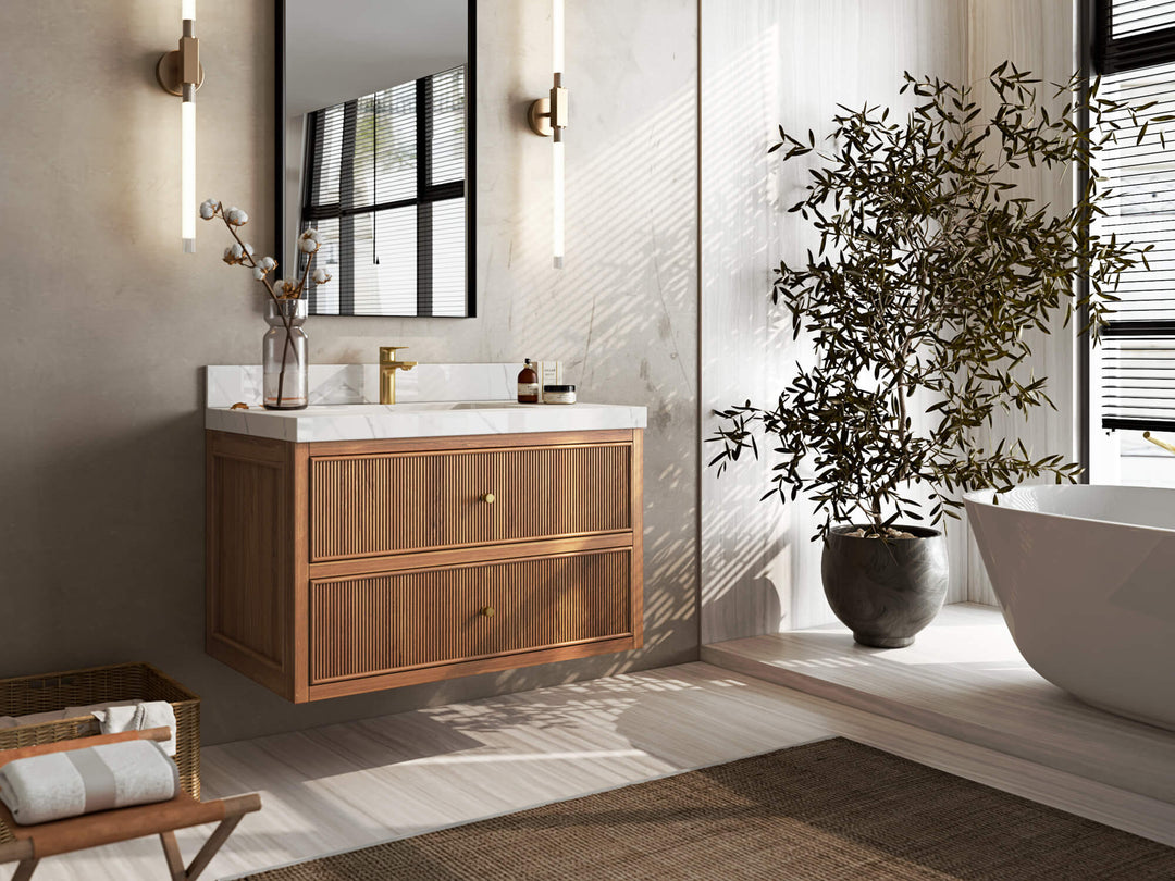Sonoma Floating Teak 36 in. W x 22 in. D Center Sink Bathroom Vanity in Dark Natural with countertop - Side View