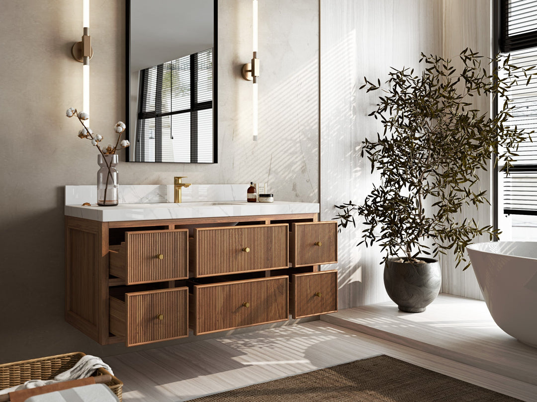 Sonoma Floating Teak 48 in. W x 22 in. D Single Sink Bathroom Vanity in Dark Natural with countertop - Side View Open