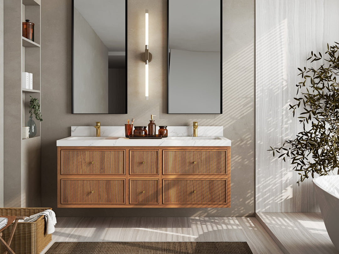 Sonoma Floating Teak 60 in. W x 22 in. D Double Sink Bathroom Vanity in Dark Natural with countertop - Front View