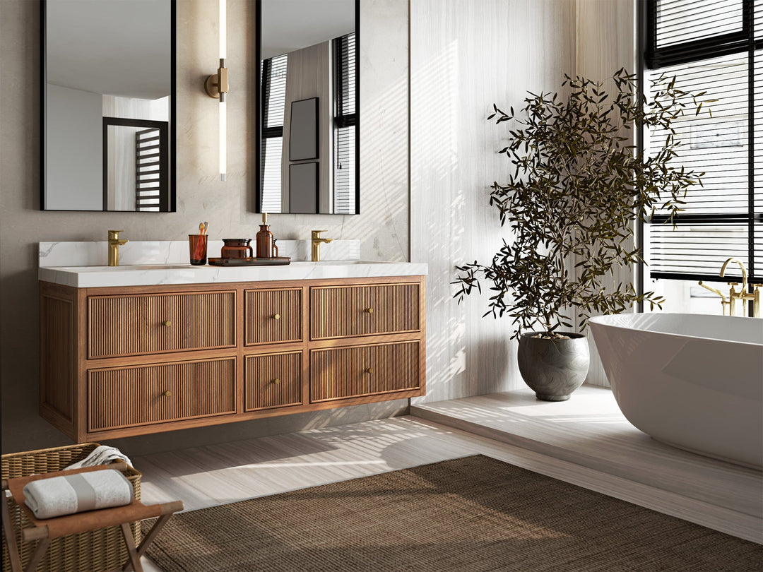 Sonoma Reeded Floating Teak 60 in. W x 22 in. D Double Sink Bathroom Vanity