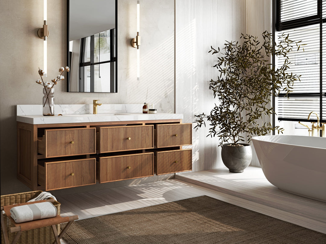 Sonoma Floating Teak 60 in. W x 22 in. D Single Sink Bathroom Vanity in Dark Natural with countertop - Front View