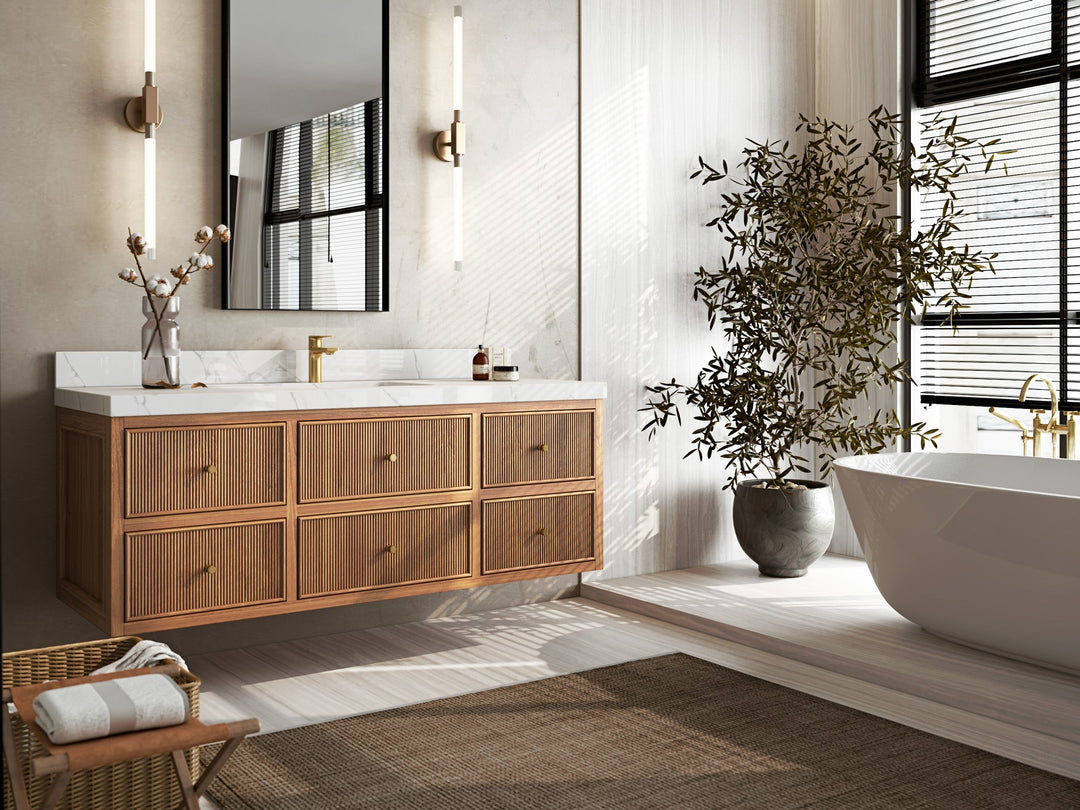 Sonoma Floating Teak 60 in. W x 22 in. D Single Sink Bathroom Vanity in Dark Natural with countertop - Side View Open