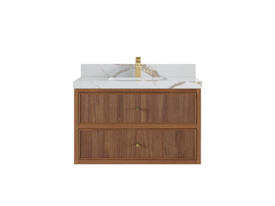 Floating Wooden bathroom vanity 30 in size made from teak wood with quartz countertop and gold faucet on a white background