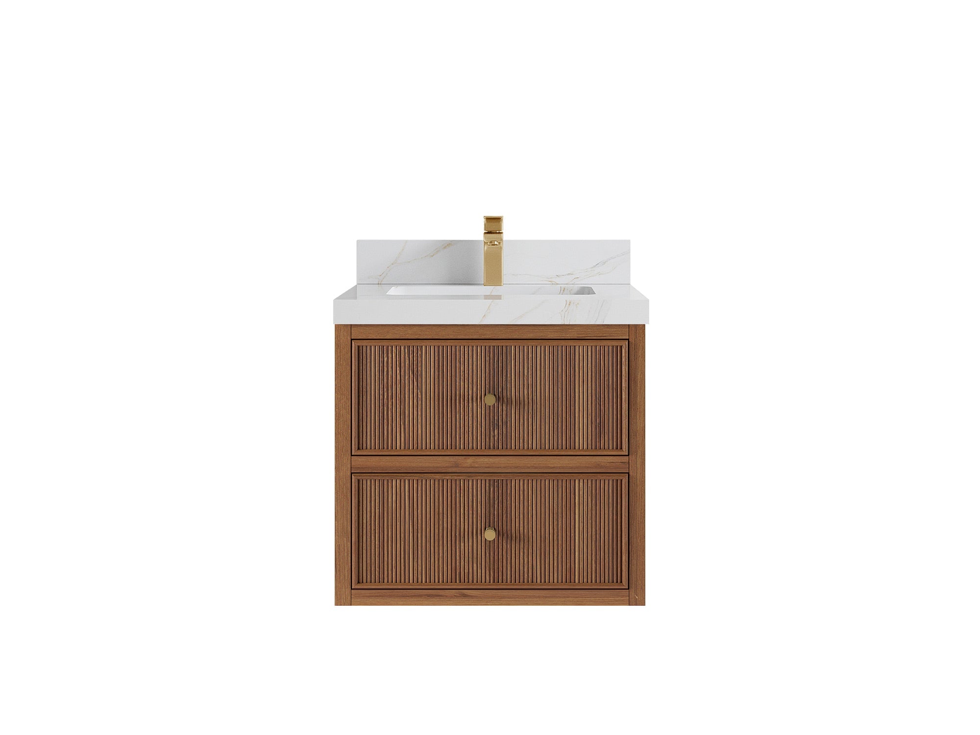 Sonoma Floating Teak 24-inch bathroom vanity in Dark Natural Teak with Calacatta Sienna Quartz countertop, faucet view