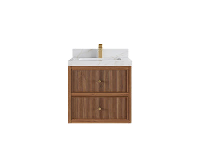 Sonoma Floating Teak 24-inch bathroom vanity in Dark Natural Teak with Calacatta Sienna Quartz countertop, faucet view