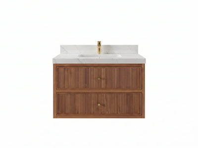 Sonoma Reeded Floating Teak Wood 36 in. W x 22 in. D Center Sink Bathroom Vanity