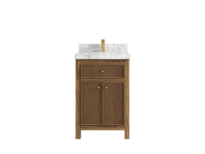 Sonoma Teak Wood 24-inch bathroom vanity in Dark Natural Teak with Carrara Marble countertop, faucet view